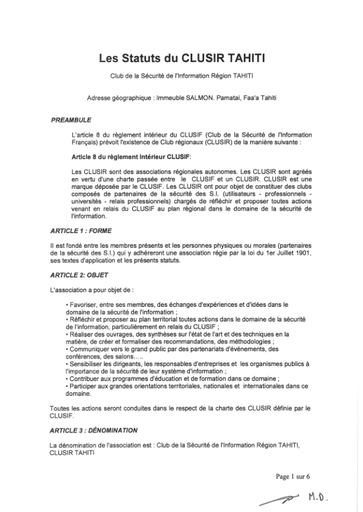 Les Statuts du CLUSIR TAHITI - 2012 signés
