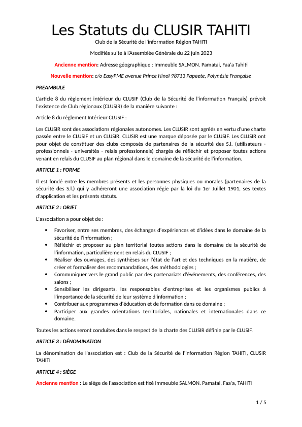 Les Statuts du CLUSIR TAHITI - 2023 signés